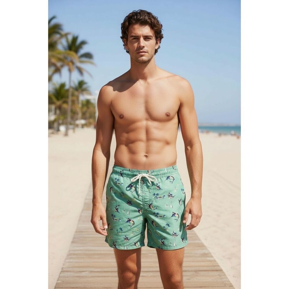 Polo Ralph Lauren Mens M Swim Trunks Shorts Aqua Blue Swordfish Print Above Knee